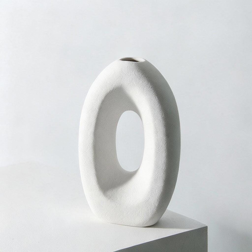 White abstract vase with measurements on a light gray background