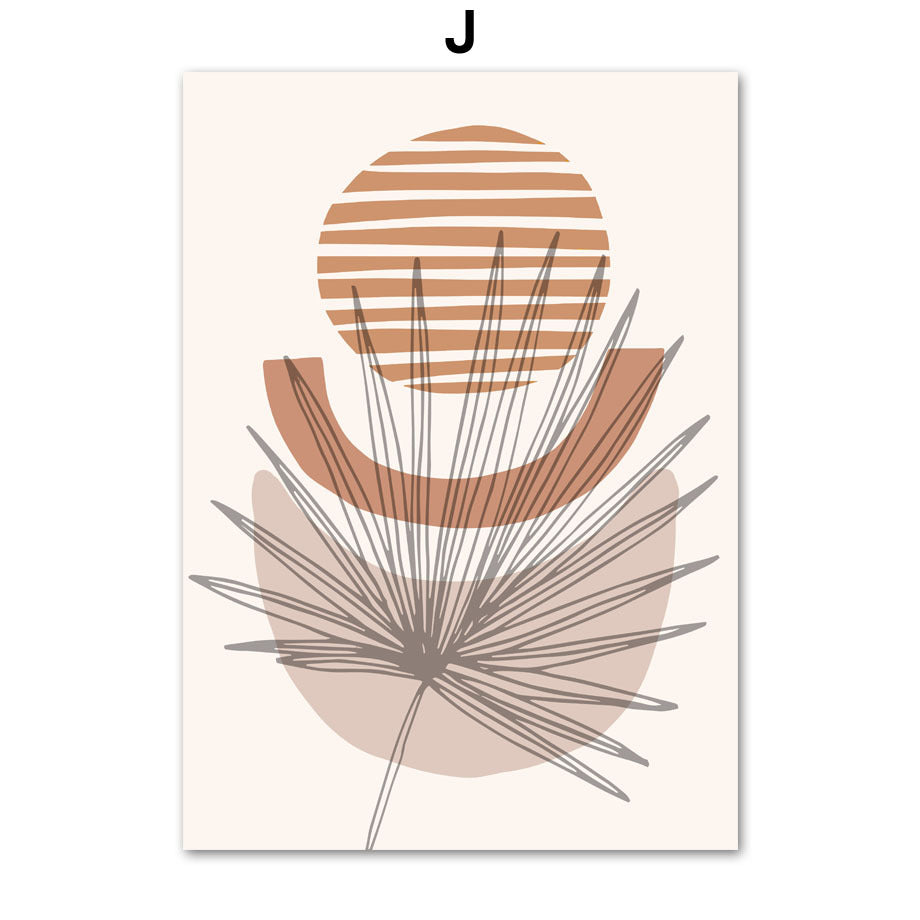 Decorative poster with abstract design of a leaf and circular shapes on a beige background