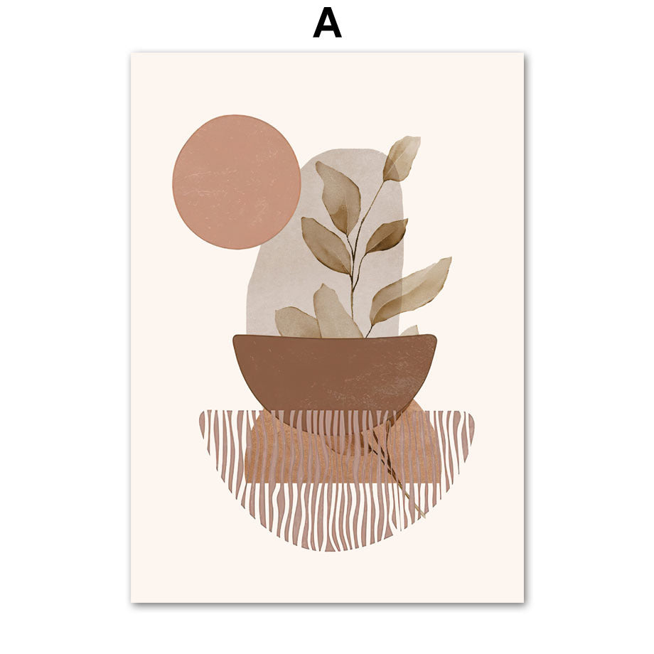 Abstract art print with geometric shapes and a pot on a beige background