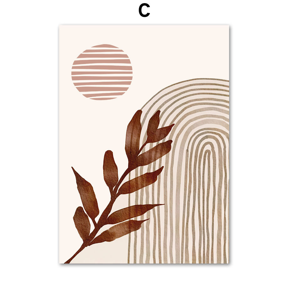 Decorative wall art with abstract design featuring a leaf and circular patterns on a beige background.