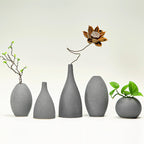 Set of gray textured vases with plants on a light background