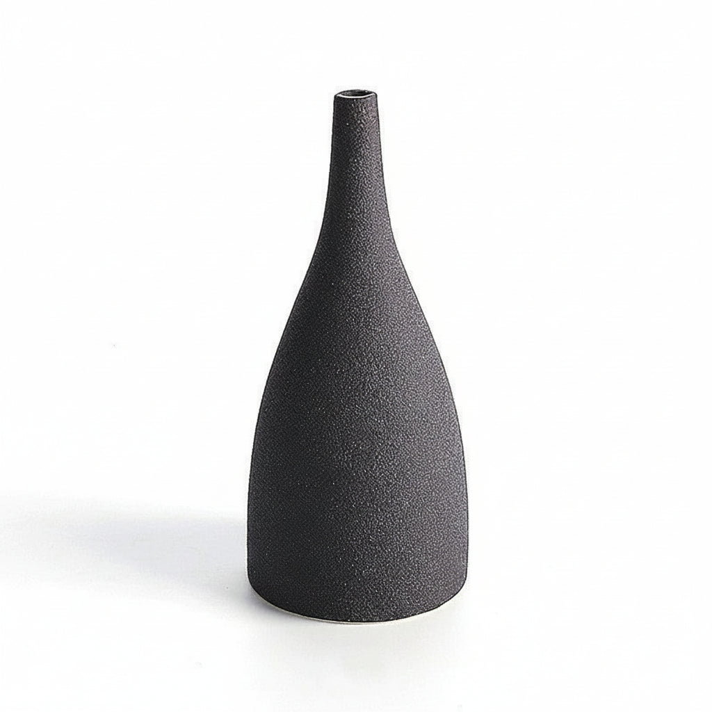 Black textured vase on a white background with measurement lines.