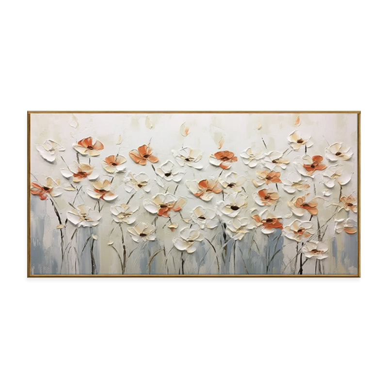 Framed floral artwork with beige and orange flowers on a white background
