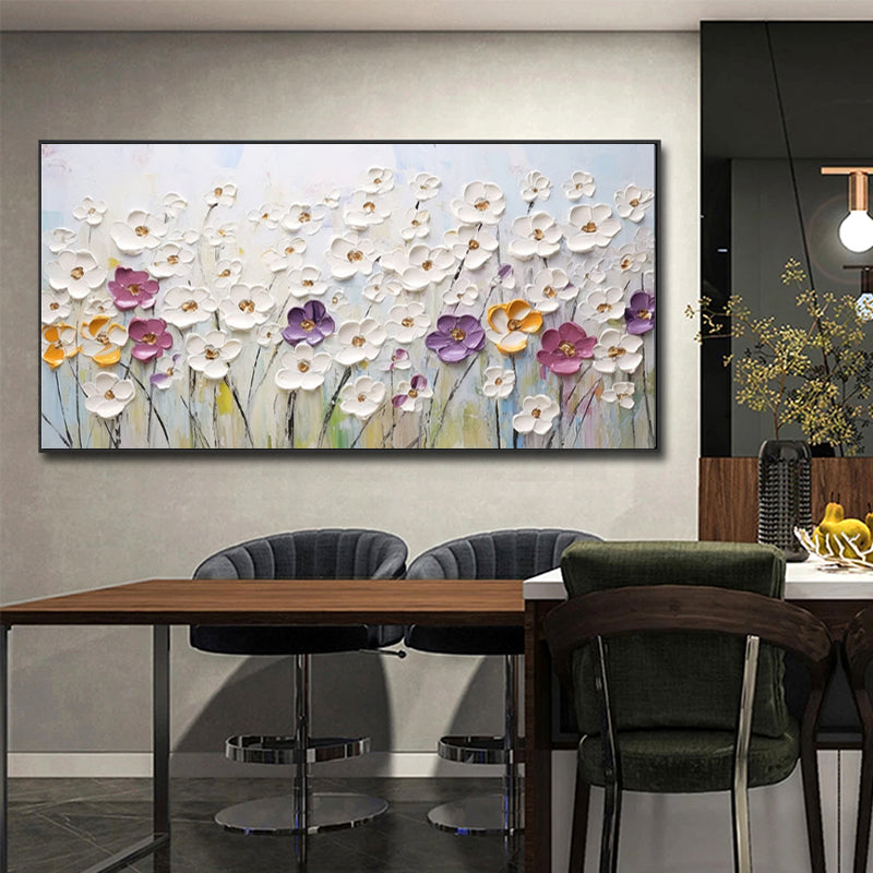 Floral painting on a wall in a modern dining room