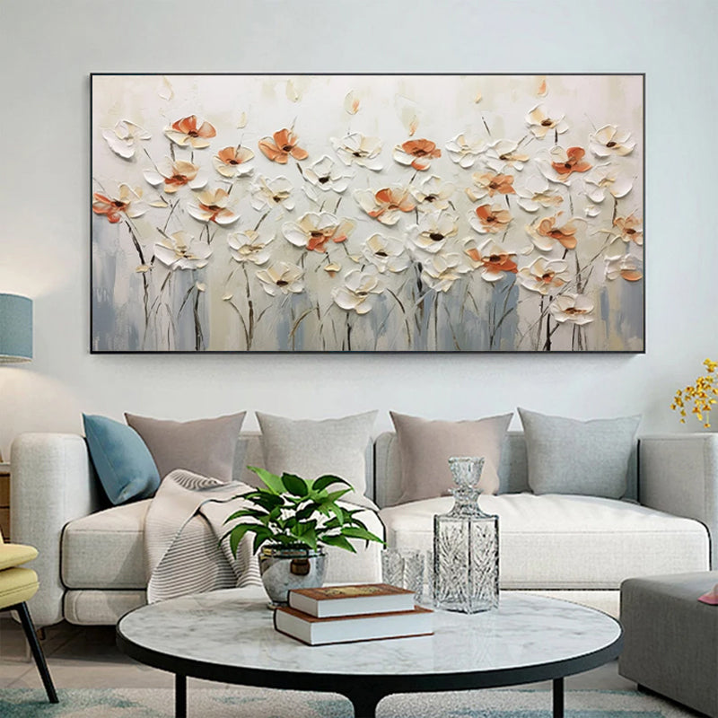 Living room with a large floral painting above a sofa