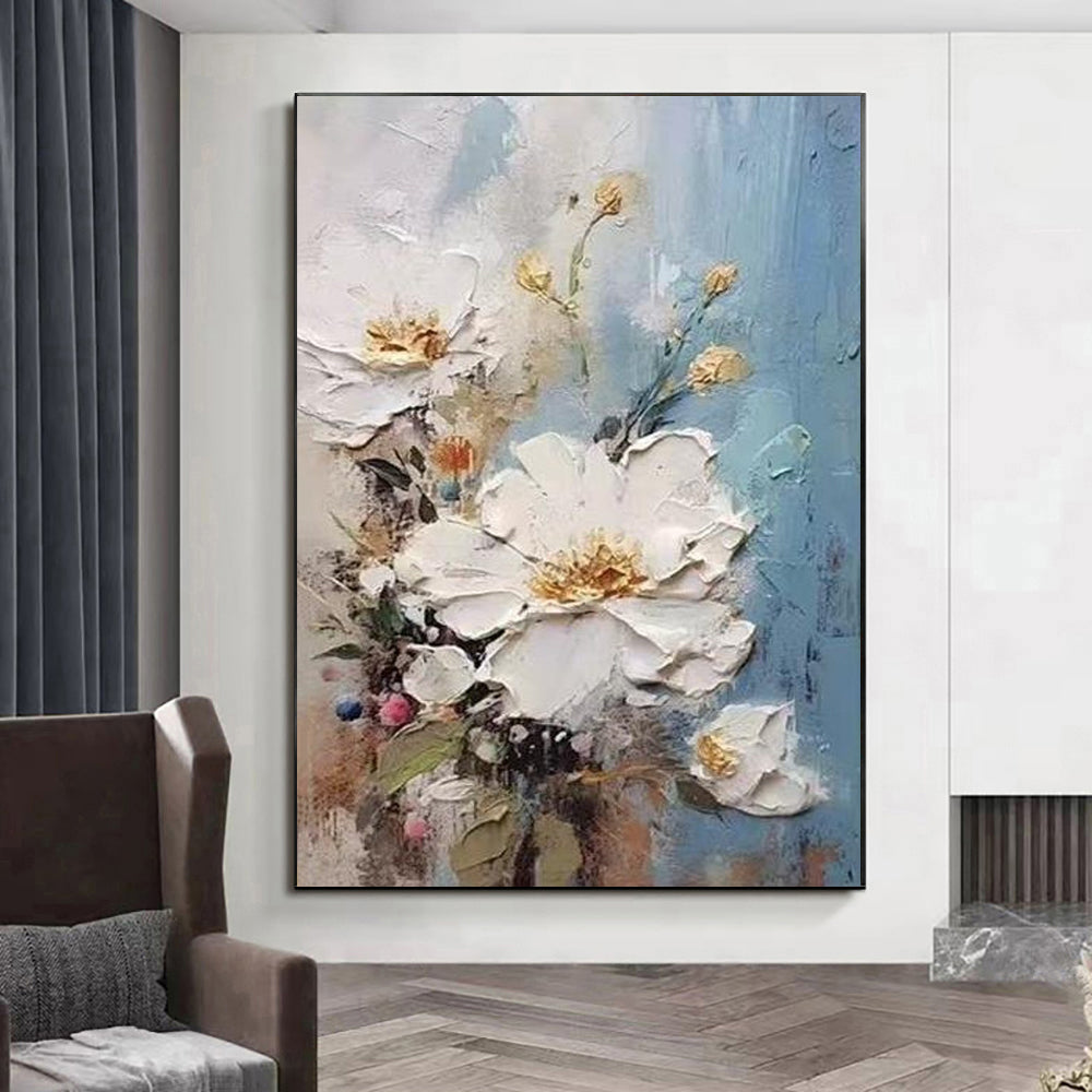 Floral painting on a wall in a living room setting
