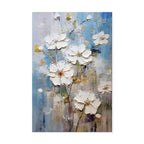 Painting of white flowers with a blue and gray background