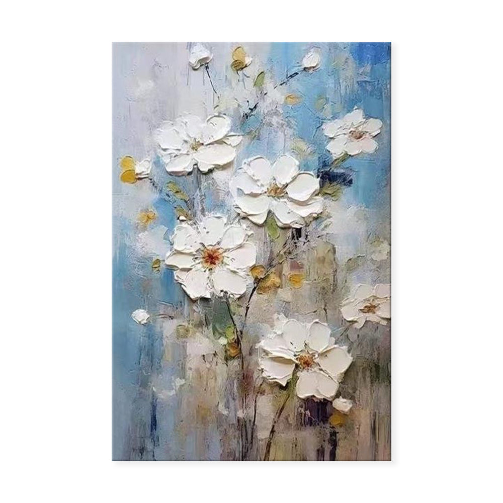 Painting of white flowers with a blue and gray background