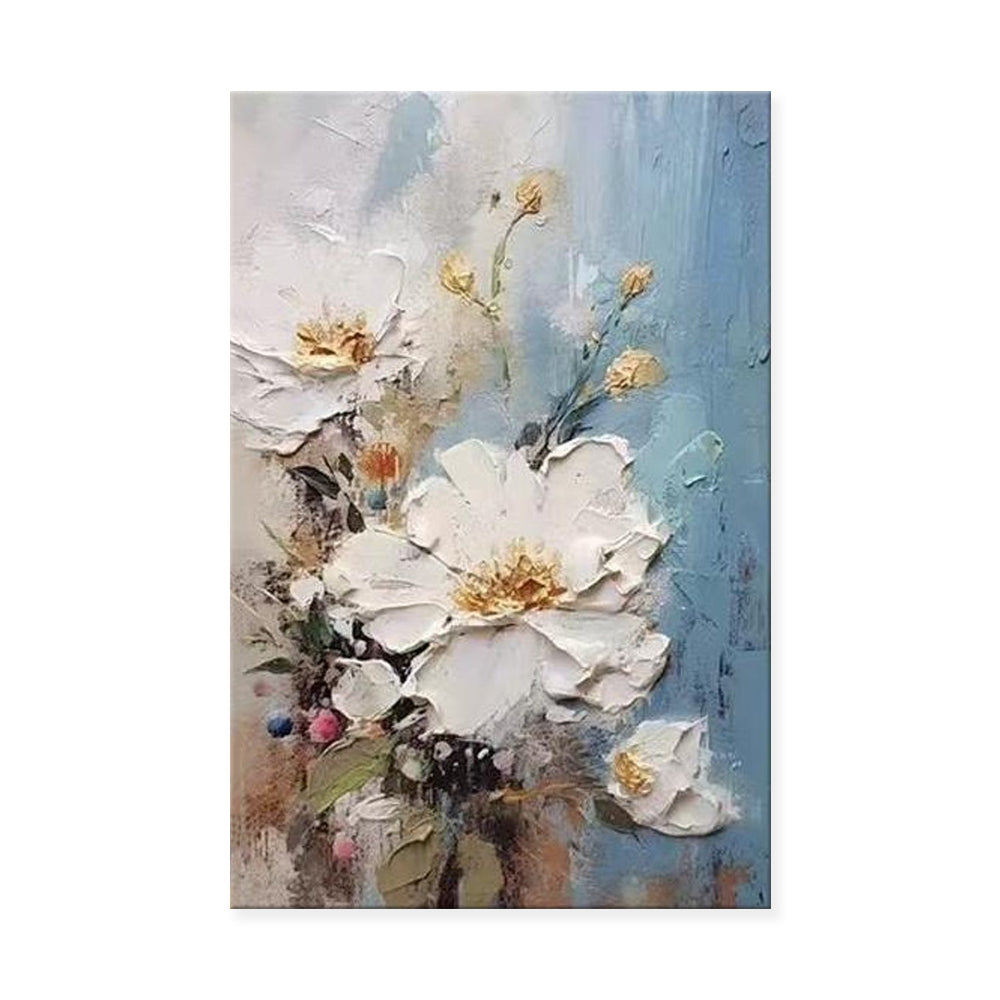 Floral painting with white flowers and a soft blue background
