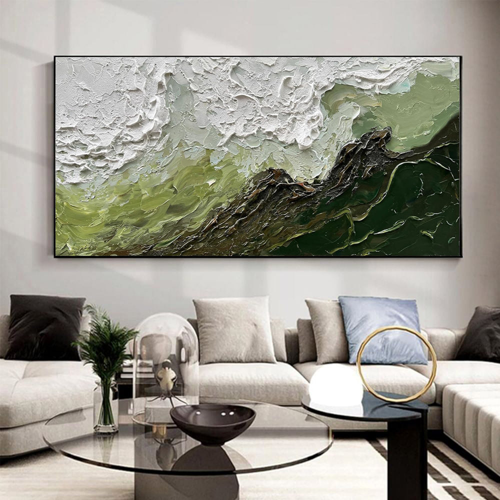 Abstract painting in a living room with a sofa and coffee table.