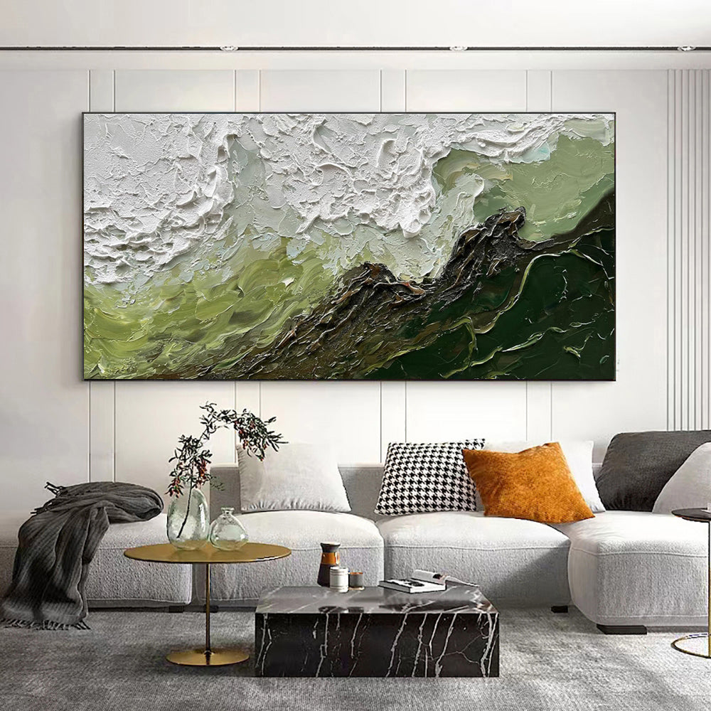 Living room with a large abstract painting on the wall, a sofa with decorative pillows, and a coffee table.