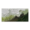 Abstract art piece with textured layers of green, brown, and white on a white background