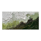 Abstract art piece with textured layers of green, brown, and white on a white background