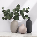 Three vases of different shapes and colors with a branch of eucalyptus on a light background