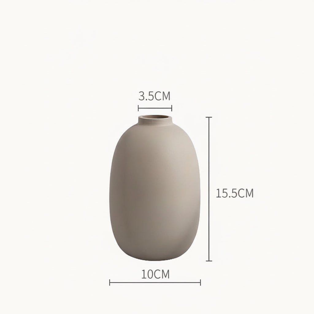 Gray vase with dimensions labeled on a white background