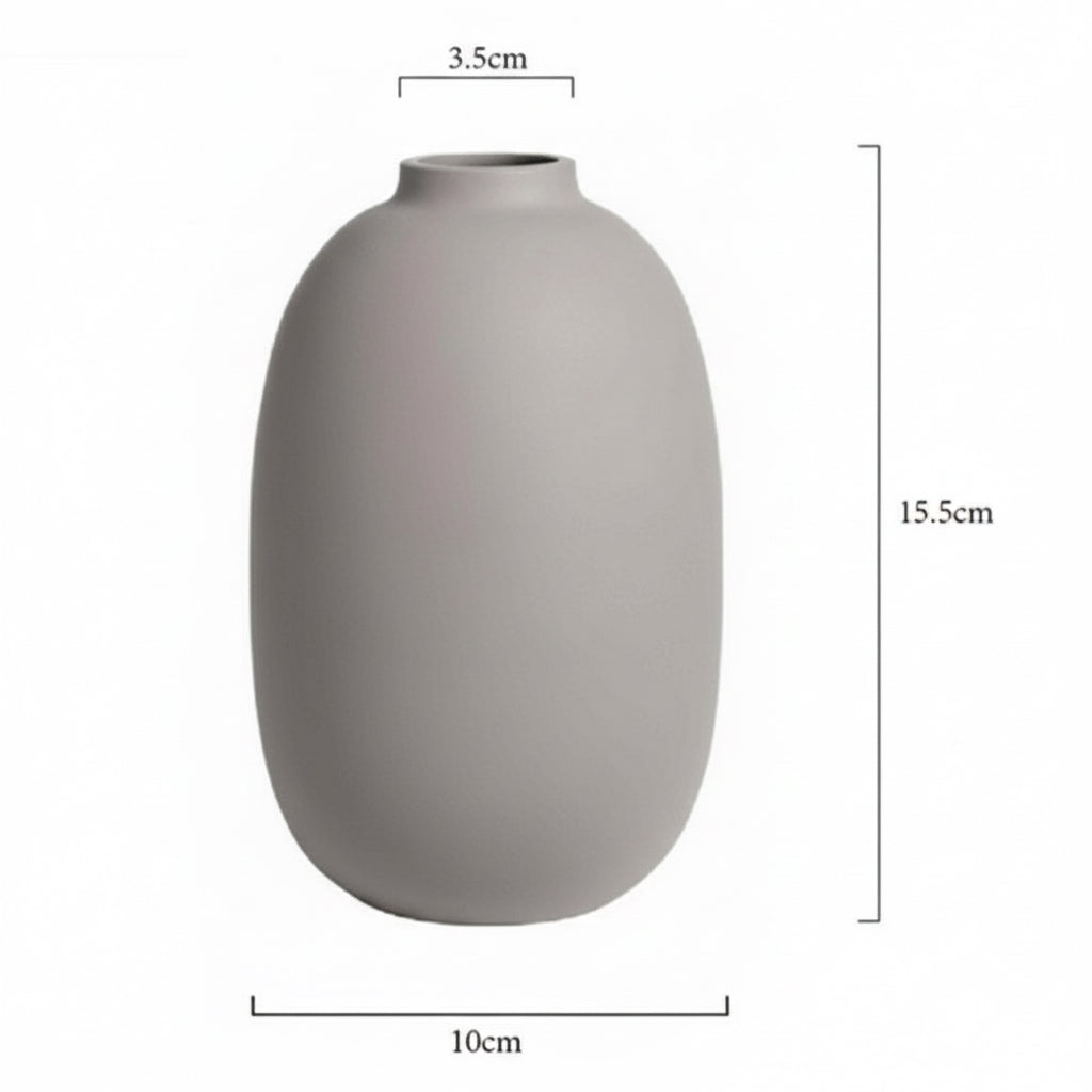 Gray vase with dimensions labeled on a white background