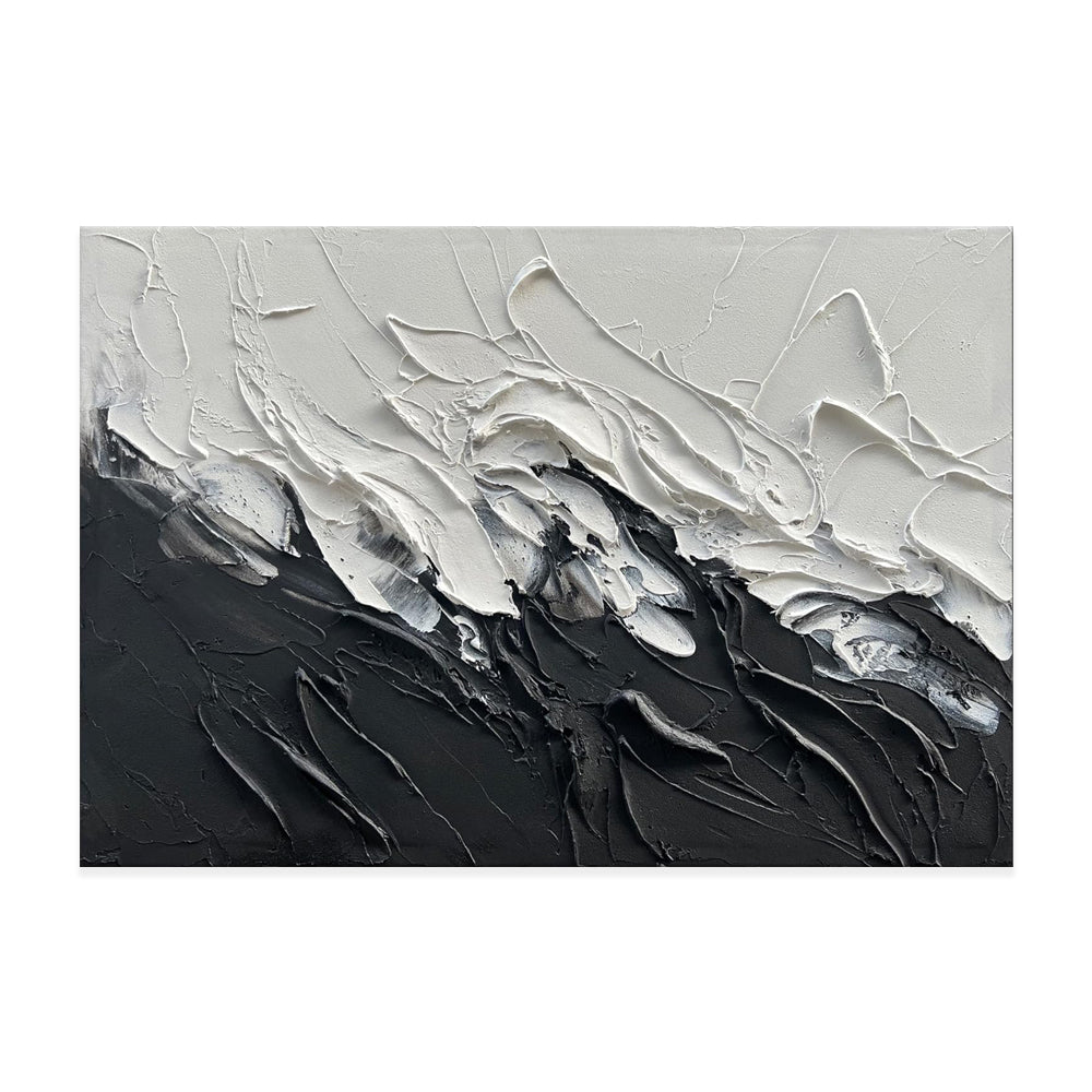 Abstract art piece with black and white brush strokes on a white background