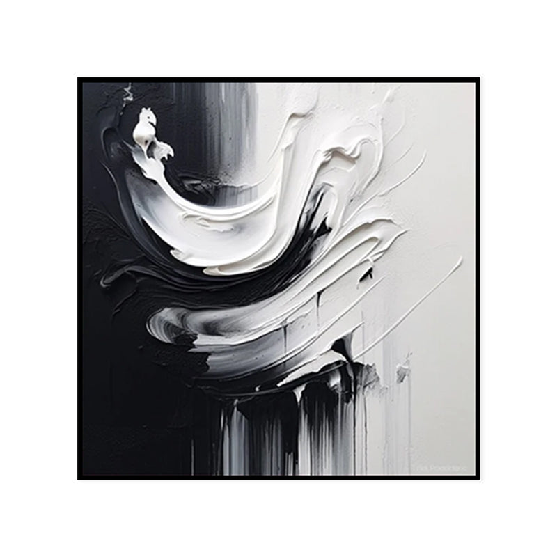 Abstract black and white artwork with fluid shapes on a white background