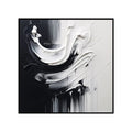 Abstract black and white artwork with fluid shapes on a white background