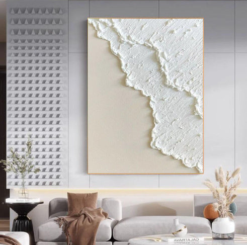 Abstract wall art in a modern living room setting