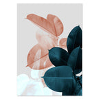 Art print with pink and teal leaves on a light background