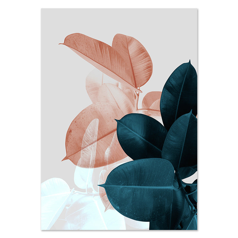 Art print with pink and teal leaves on a light background