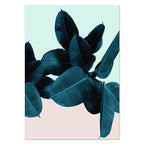 Teal leaves on a light blue and pink gradient background