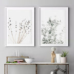 Two framed botanical prints on a wall above a console table with decorative items.