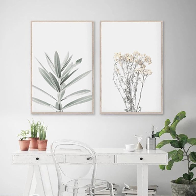 Two framed botanical prints on a wall above a white desk with plants.