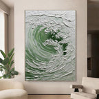 Abstract painting with green and white swirls on a wall in a living room.