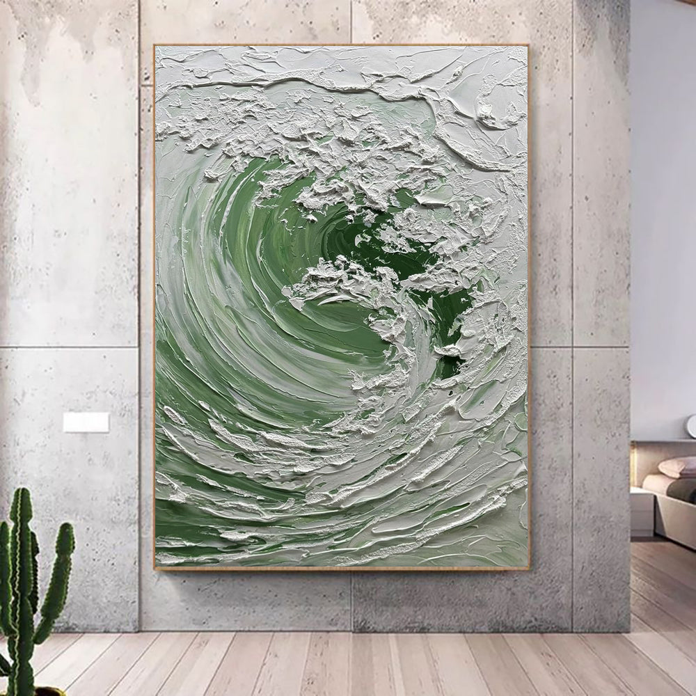 Abstract painting with green and white swirls on a textured wall.