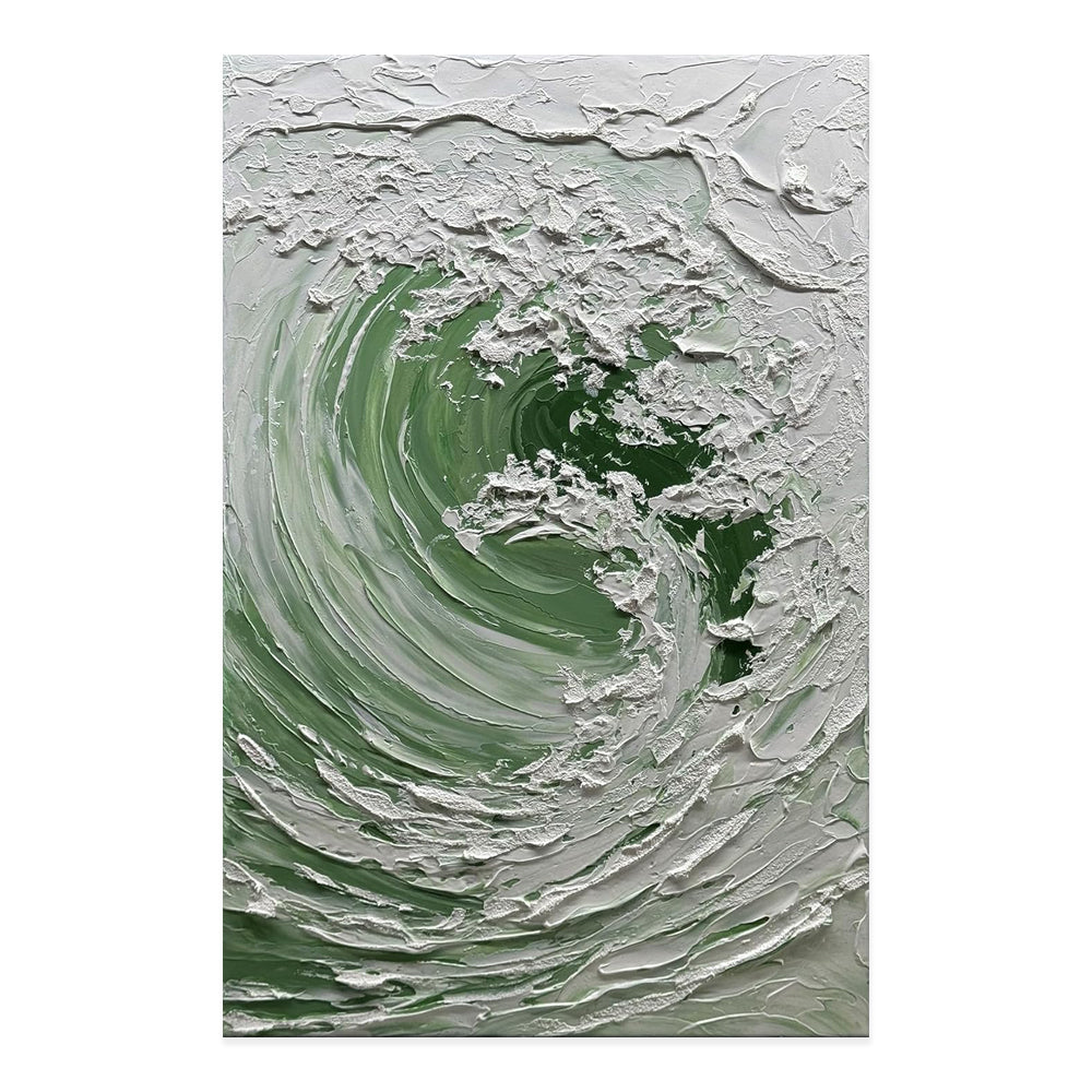 Abstract art with swirling green and gray patterns on a white background