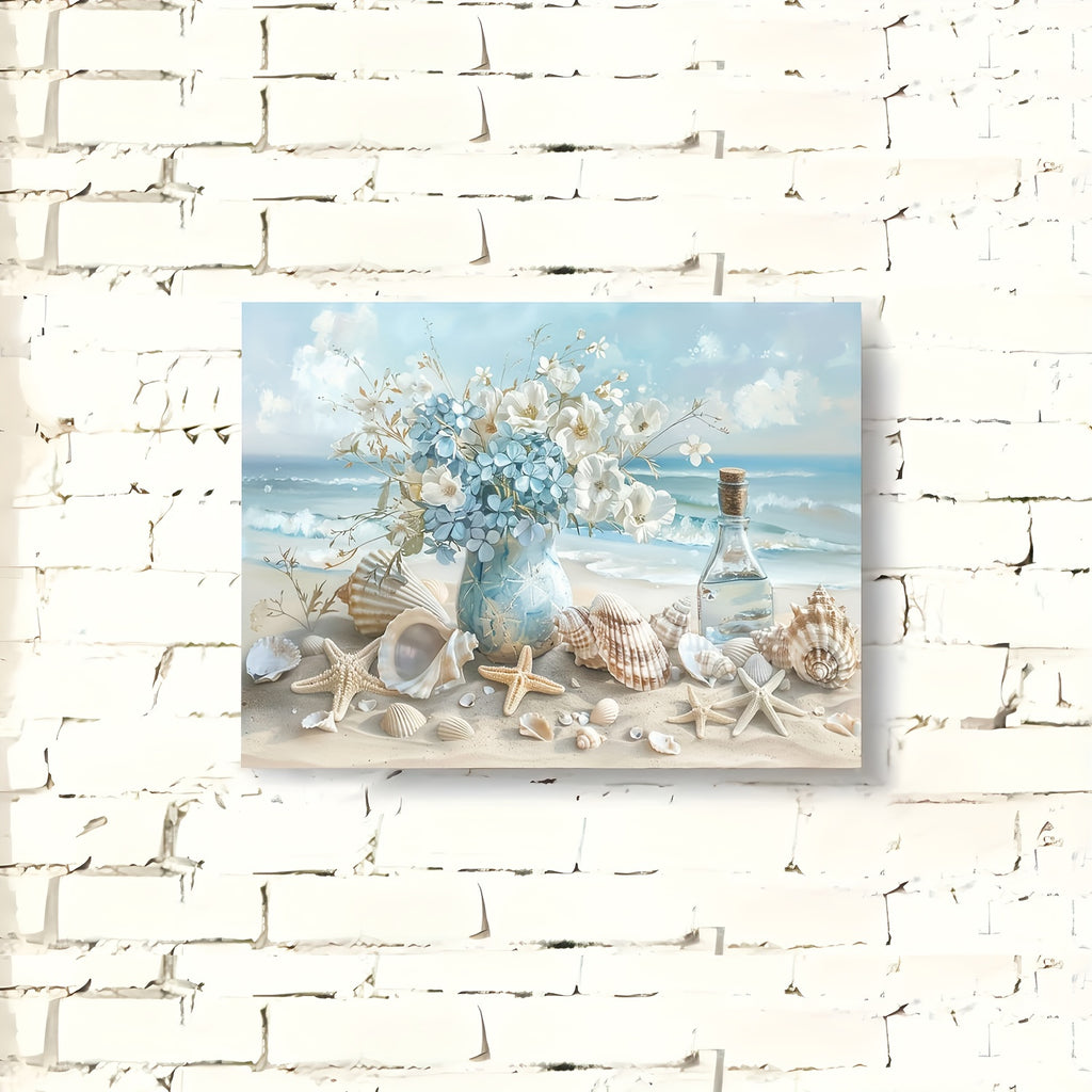 Framed artwork of a beach scene with flowers, shells, and a bottle on a white brick wall.