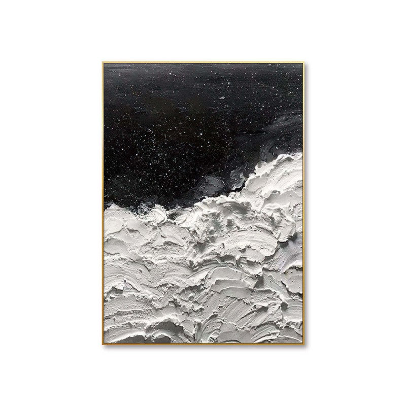 Abstract art print with black sky and white textured landscape