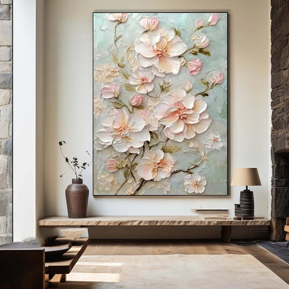 Textured floral painting on a wall in a room with a fireplace and wooden shelf.