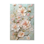 Floral painting with pink and white flowers on a light blue background