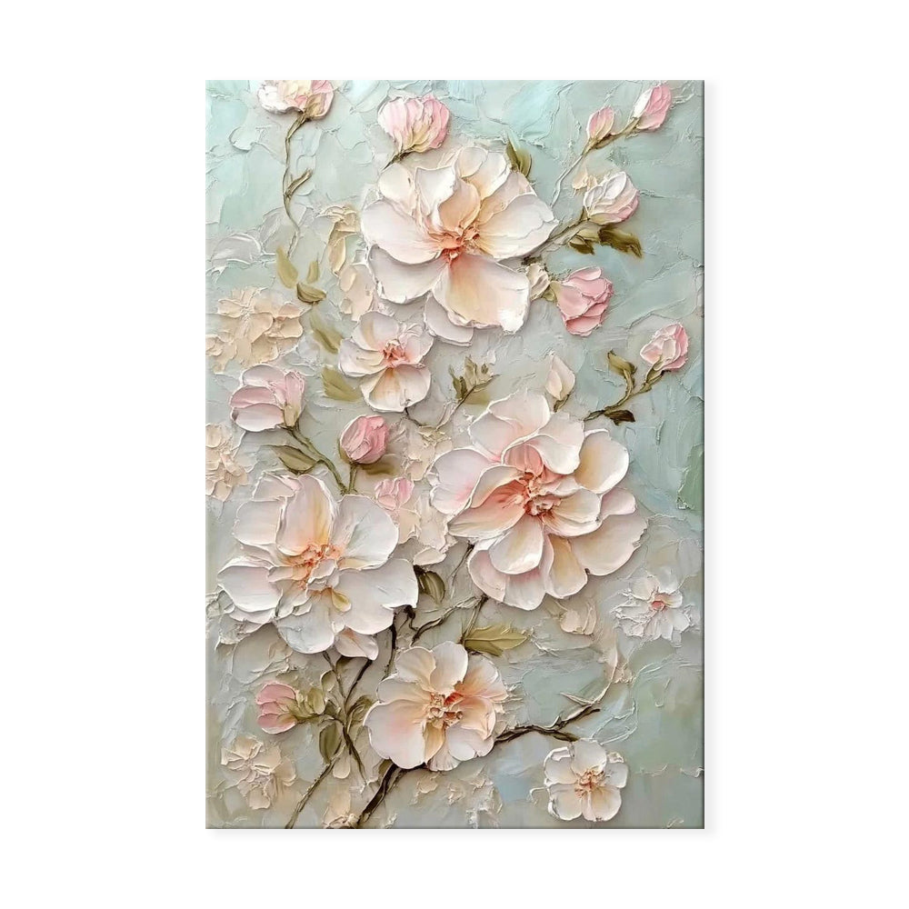 Floral painting with pink and white flowers on a light blue background