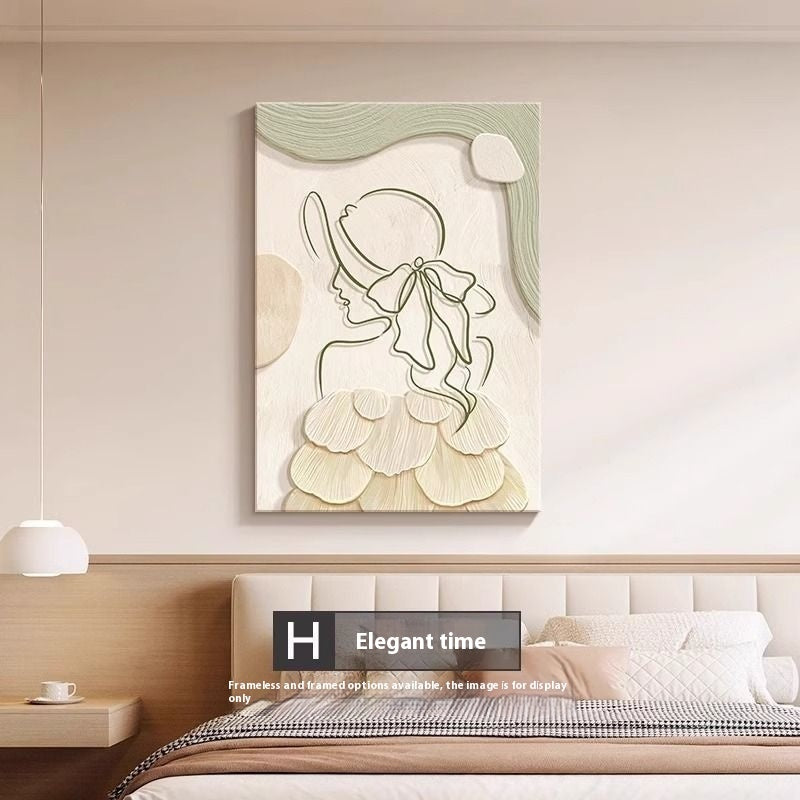 Decorative wall art of a woman with a bow in her hair in a bedroom setting.