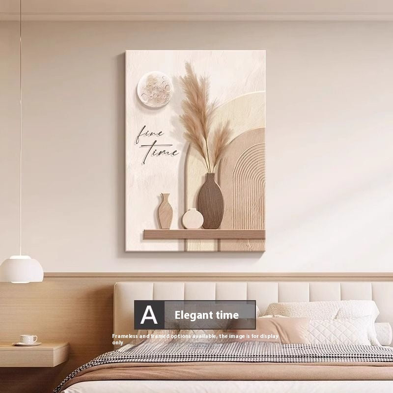Decorative wall art with vases and text in a bedroom setting