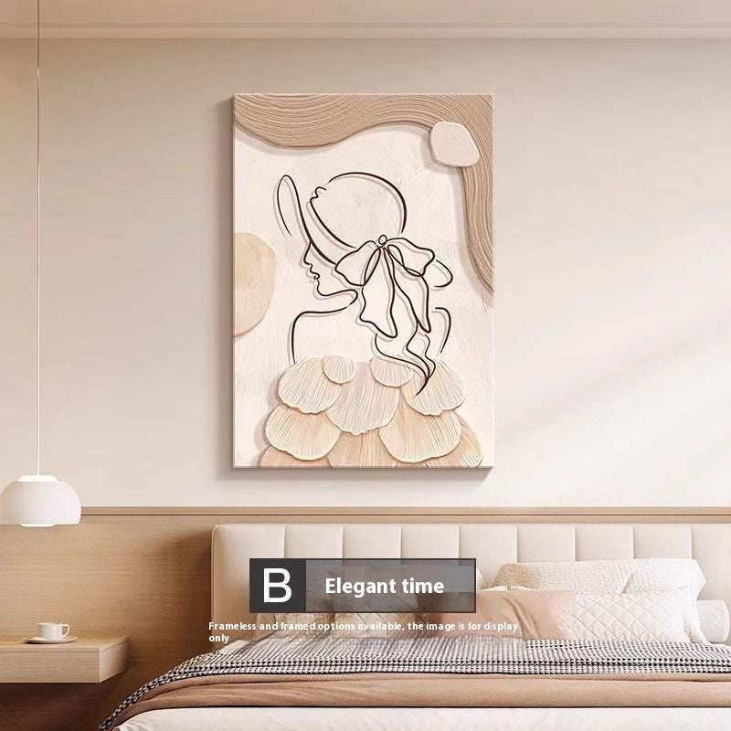 Decorative wall art of a woman with a bow in her hair in a bedroom setting.