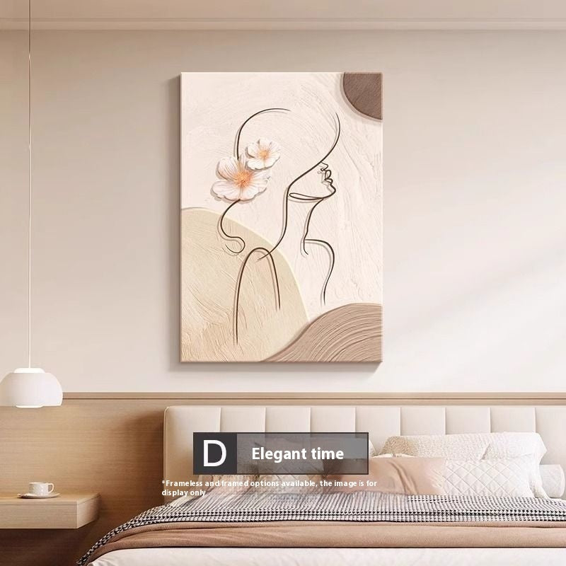 Decorative wall art of a woman's face with a flower above a bed in a bedroom.