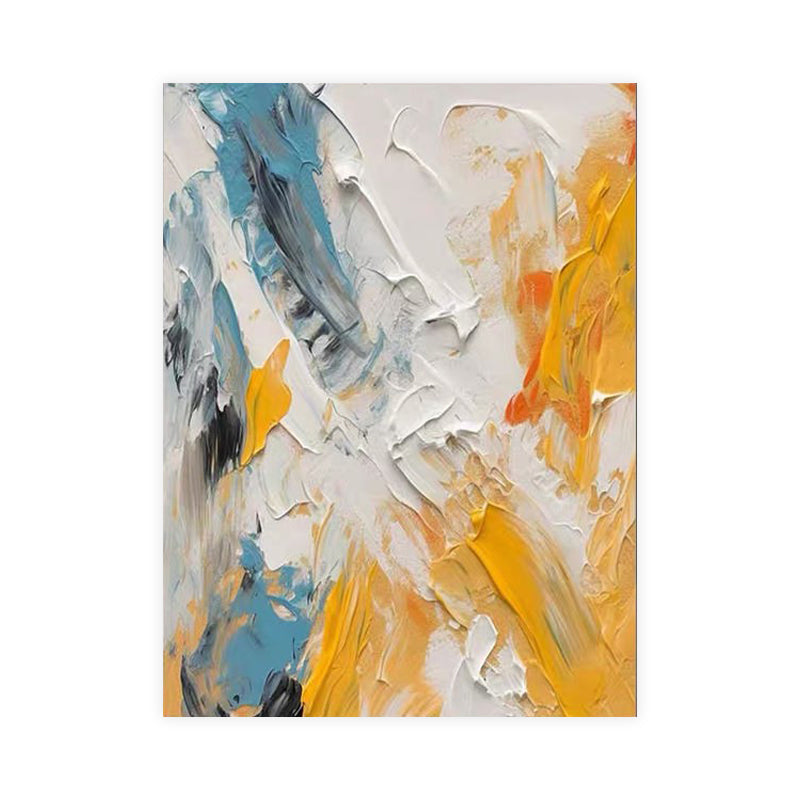 Abstract art painting with blue, orange, and white colors on a white background