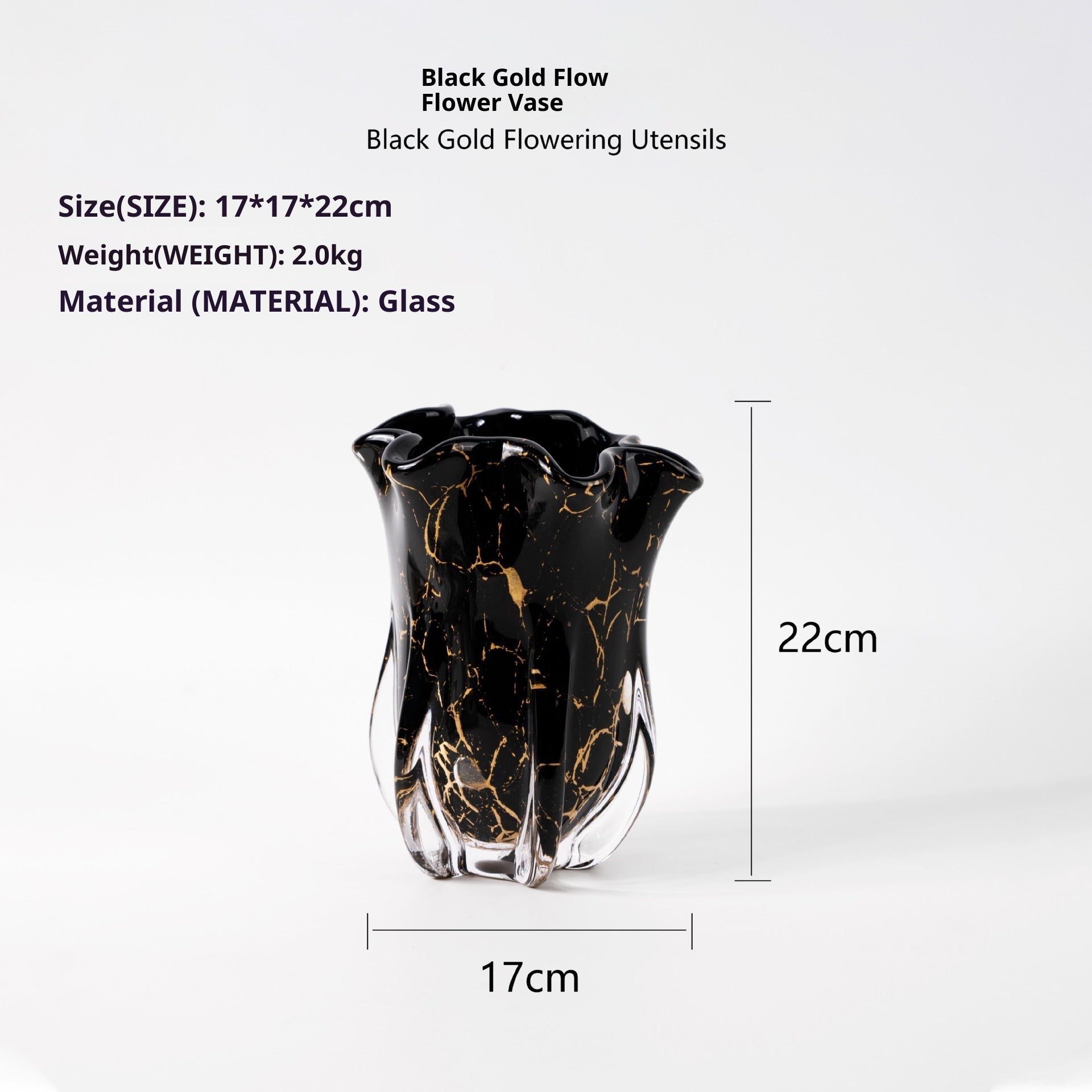 Small modern decorative vase with glossy black finish and abstract gold detailing
