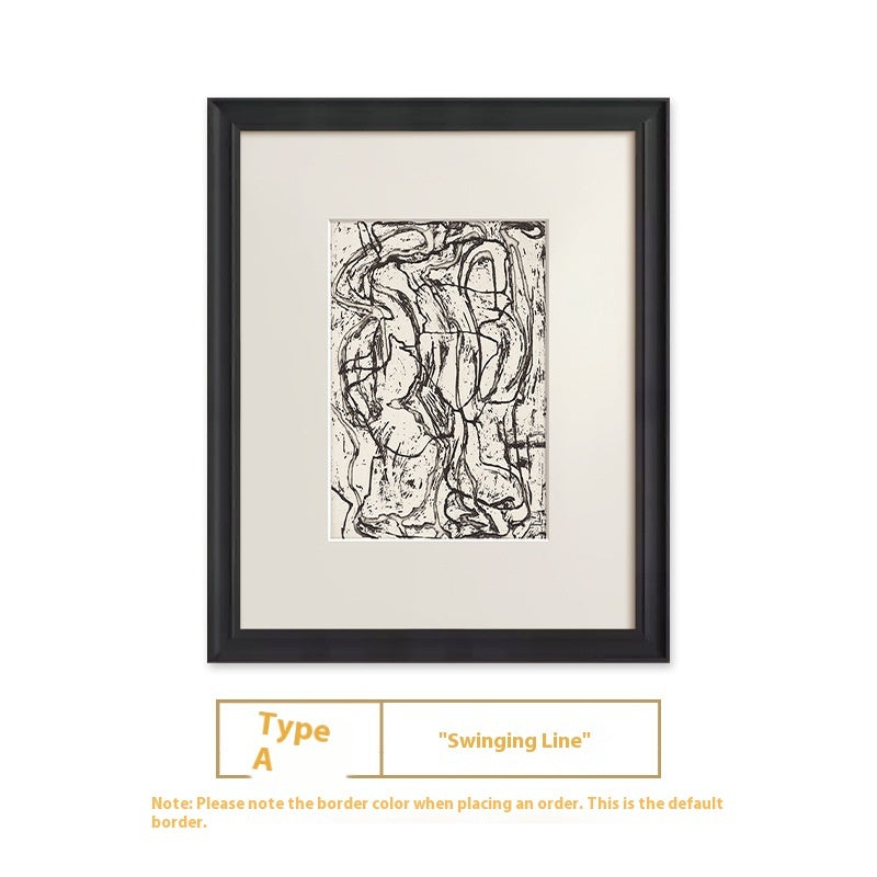 Framed abstract artwork with 'Swinging Line' description on a white background