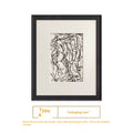 Framed abstract artwork with 'Swinging Line' description on a white background