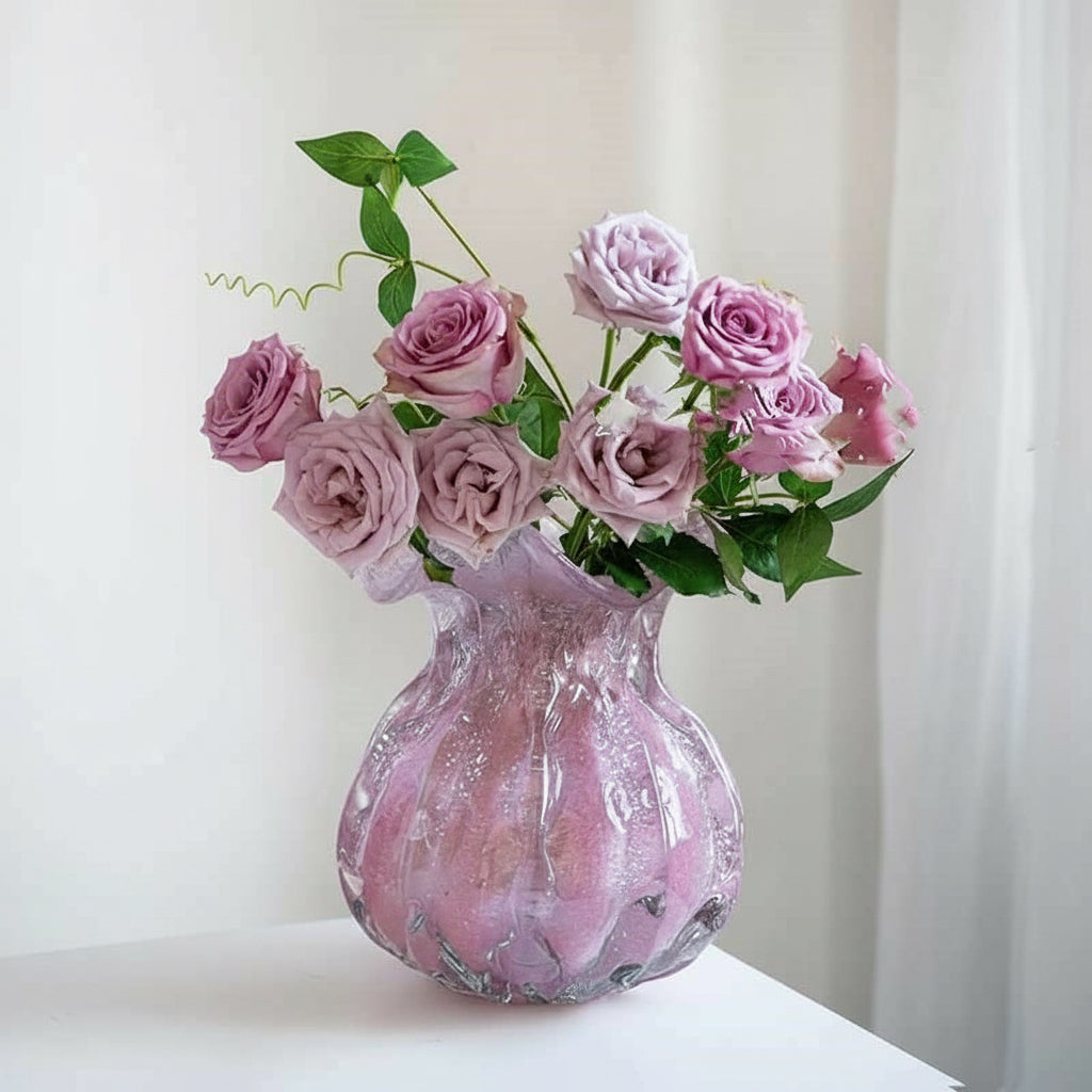 Large Blush Quartz Pink Crushed Ice Vase, wavy organic silhouette, heavyweight glass for fresh floral arrangements