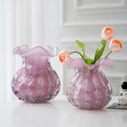 Blush Quartz Pink Crushed Ice Vases, medium and large, with ruffled organic rims and bubble-effect glass, perfect for flowers or decorative display