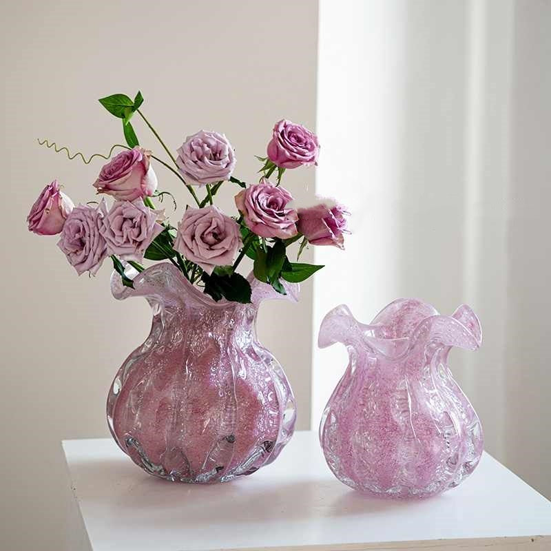 Blush Quartz Vase set (medium & large), thick glass with pink bubble texture and organic flower-inspired rim, decorative accent