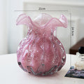 Large handcrafted pink glass vase with organic wavy rim and crushed ice bubble effect, perfect for living room display