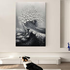 Dog looking at a large abstract wave painting on a wall